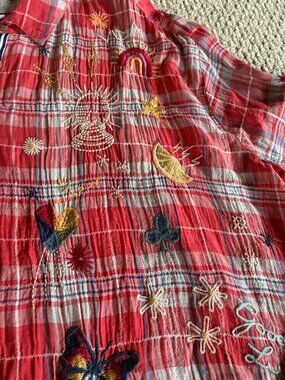 Johnny Was Workshop Olinda Red Plaid Embroidered Button Up Small Rare